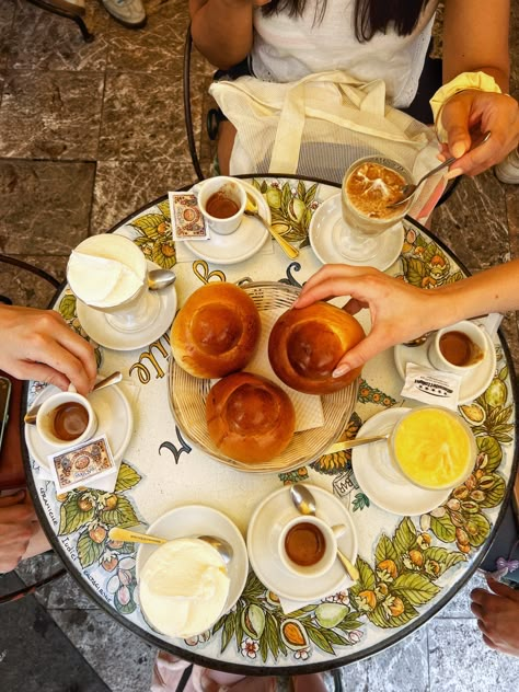 Taormina Sicily Aesthetic, Sicily Summer, Taormina Sicily, Semester Abroad, Coffee Guide, Coffee Serving, Life Book, Brioche Buns, Coffee To Go