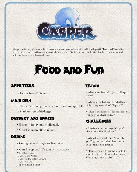 Monster House Movie Night Food, Casper Dinner And A Movie, Casper Themed Movie Night, Family Halloween Movie Night, Casper Movie Night, Casper Movie Night Food, Movie Theme Dinners, Halloween Movie Dinner Ideas, Halloween Dinner And Movie Night