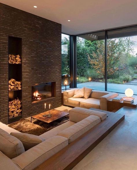 Annette Keeshan (@nettiek24) • Instagram photos and videos Sunken Living Room, Room With Fireplace, Built In Seating, Dream House Interior, Living Room With Fireplace, Fireplace Design, A Living Room, House Inspo, Dream Home Design