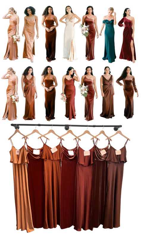 Rustic Copper Bridesmaid Dresses, Cognac Bridesmaid Dresses, Brown Copper Bridesmaid Dress, Honey Gold Bridesmaid Dresses, Rust Bridesmaid Dress Color Schemes, Bridesmaid Dress Color Schemes, Copper Bridesmaid Dresses, African Wedding Theme, Wine Bridesmaid Dresses