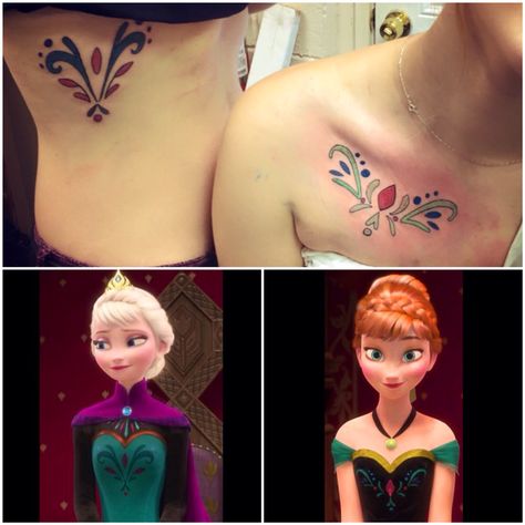 Elsa and Anna sister tattoos. #frozen #elsa #anna #tattoos #matchingtattoos #frozentattoos #sisters #sistertattoos #matchingtattoos #tattoo #ink #disney #coronation Disney Sister Tattoos, Matching Disney Tattoos, Frozen Tattoo, Tattoo Sister, Disney Sleeve, Bff Tattoos, Friendship Tattoos, Best Friend Tattoos, Sister Tattoos