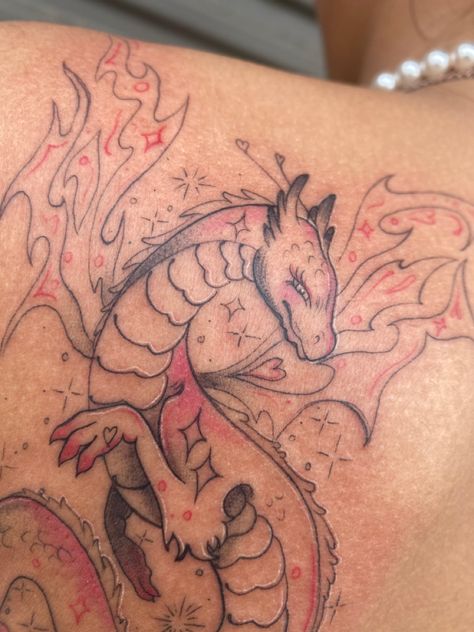 Fine line dragon tattoo flying upwards. This tattoo is places on her shoulder blade. Girly Dragon Tattoo, Pink Dragon Tattoo, Line Dragon Tattoo, Fine Line Dragon, Fine Line Dragon Tattoo, Dragon Tattoo Outline, Pink Tattoo, Female Dragon, Pink Dragon