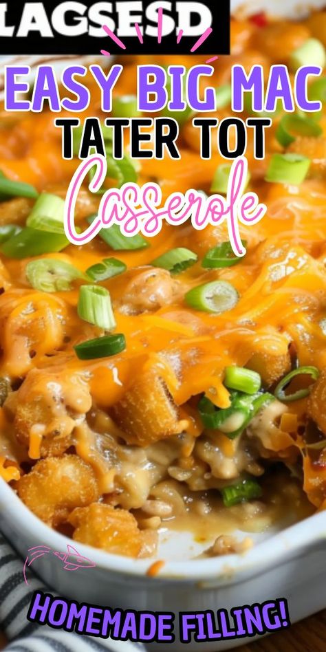 Easy Big Mac Tater Tot Casserole is a deliciously nostalgic dish that brings together the best of both worlds. Featuring layers of seasoned ground beef, melty cheese, tangy pickles, and crispy tater tots, this casserole captures the essence of a Big Mac burger in a Tater Tot Casserole Crock Pot, Big Mac Tater Tot Casserole, Big Mac Burger, Mac Burger, Easy Casserole Dishes, Tot Casserole, Tater Tot Casserole, Potluck Dishes, Yummy Casseroles