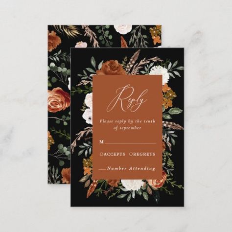 $0.75 | Budget terracotta black floral elegant wedding #terracotta, sage green, elegant, rustic, wedding, r.s.v.p, budget, black, floral, botanical Copper And Black Wedding, Black And Copper Wedding, 13 Year Wedding Anniversary, October Wedding Colors, Orange Wedding Invitations, Wedding October, Rusting Wedding, Antler Wedding, Burnt Orange Weddings