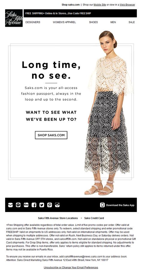 Re-engagement email design by Saks #longtimenosee #layout #emaildesign #saks #newsletter Reactivation Email, Sale Email Design, Emailer Design, Website Popup, Email Marketing Layout, Mail Inspiration, Mailing Design, Engagement Emails, Newsletter Ideas