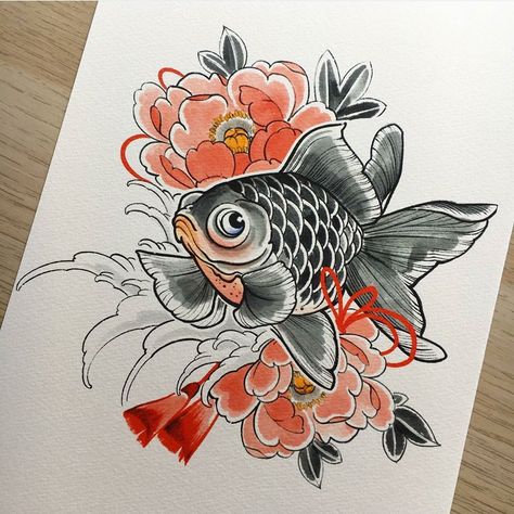 Japanese Fish Tattoo, Gold Fish Painting, Goldfish Tattoo, Peonies Art, Tato Maori, Goldfish Art, Tattoo S, Peony Art, Eagle Tattoos