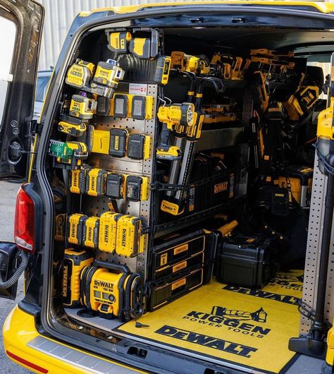 Tool storage level: Expert 🚙⚫️🟡🚙 👉Win tools like these and more via the link in our bio👈 Follow us for more 👉@electricalendeavours… | Instagram Work Van Organization, Dewalt Tool Box, Enclosed Trailer Ideas, Work Truck Organization, Work Truck Storage, Van Organization, Truck Organization, Box Organization, Garage Workshop Plans