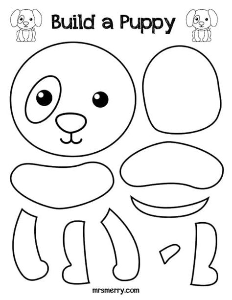 black & white-Build-a-Puppy-Kids-Activities-Mrs.-Merry_opt Build A Animal Free Printable, Build A Crab Printable, Puppy Template Free Printable, Build A Printable, Build An Animal Printable, Puppy Crafts For Kids, Free Printable Crafts For Kids, Printable Preschool Crafts, Free Kids Printables