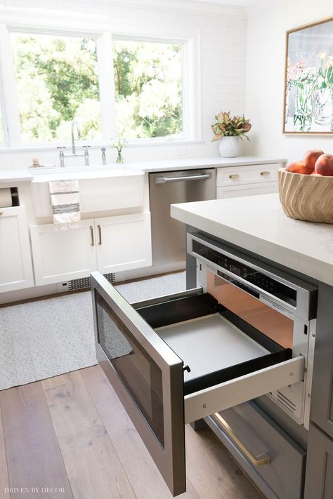 I wasn't sure if I would like having a microwave drawer in my kitchen island, but I LOVE it! More details about it in my kitchen remodel reveal! Microwave Drawer, Driven By Decor, Gray And White Kitchen, White Kitchen Remodeling, Cabinets And Countertops, New Kitchen Cabinets, Kitchen Remodeling Projects, Old Kitchen, Beach Design