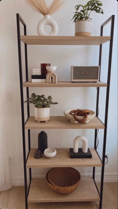 Ikea Vittsjo Shelves Styling Living Room, Cozy House Standing Shelves, Aesthetic Ladder Shelf, Black Ladder Shelf Decor, Shelf Decor Ideas, Small Cozy Apartment Standing Shelves, Bookshelf Styling Living Room, Tall Black Open Shelf, Rental Home Decor