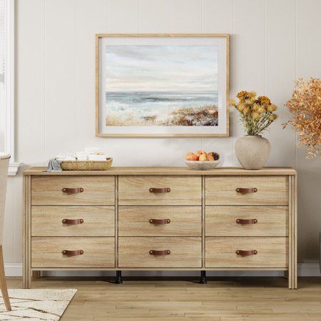 Organize your makeup, skincare products, jewelry, and personal items in style with this Farmhouse 9 Drawers Dresser. This nursery dresser designed with 13 spacious drawers that can provide large storage capacity. The solid wood base feet come with rubber pads to better prevent scratching your floor. Its smooth wooden surface is also easy to clean and maintain, ensuring it looks great with minimal effort. Beyond serving solely as a dresser, this versatile piece of furniture can fulfill multiple r Tan Dresser Furniture, Wall Of Dressers, Big Dressers Master Bedrooms, Big Dressers, Dresser For Nursery, Light Wood Furniture, Nursery Farmhouse, Closet Hallway, Hallway Light