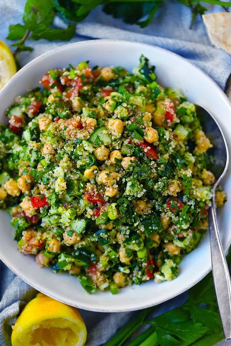 Quinoa Chickpea Tabbouleh Salad Chickpea Tabbouleh Salad, Recipes With Veggies, Mediterranean Birthday, High Fiber High Protein, Lebanese Tabbouleh, Yum Salad, Commonplace Journal, Salad Lovers, Mediterranean Bowl