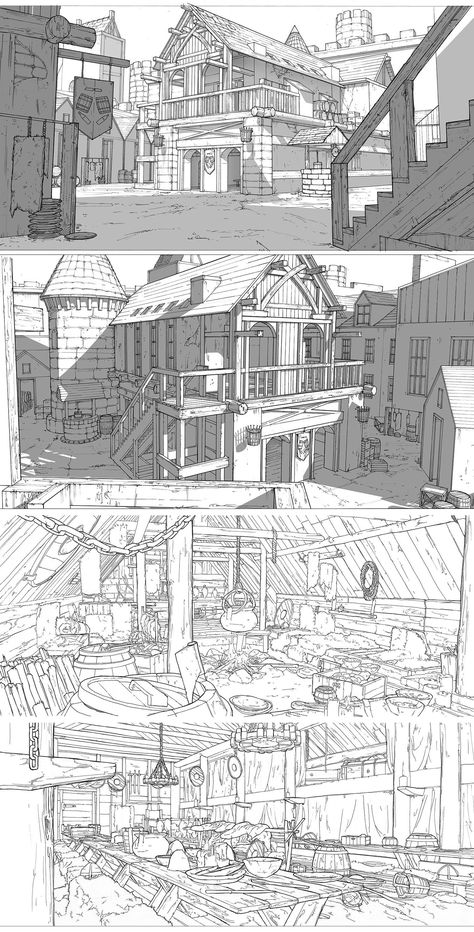 Feng Zhu Environment, Perspective Art Reference Buildings, House Concept Art Interior, Perspective Concept Art, Fantasy House Concept Art, Fantasy House Concept, House Concept Art, Anime Architecture, Feng Zhu Design