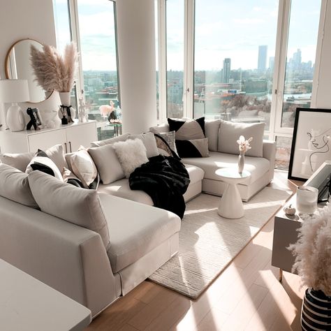 White Modern Apartment Living Room, Chic Modern Apartment, Apartment Inspiration Modern Living Room, Cb2 Living Room Ideas, Apartment Inspiration Modern, Department Decoration Ideas, Classy Apartment Decor, Living Room Apartment Modern, Nyc Living Room