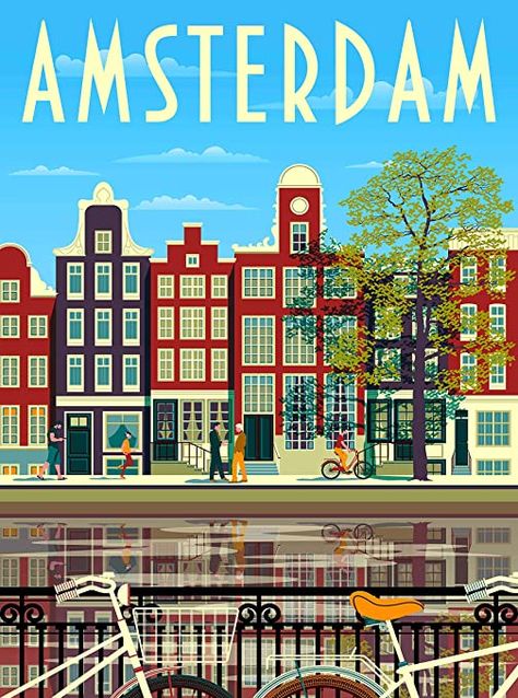 Bicycle Friendly Cities, City Posters, Amsterdam Holland, Best Airlines, Holland Netherlands, Vintage Poster Design, Jamaica Travel, Airline Travel, Retro Travel Poster