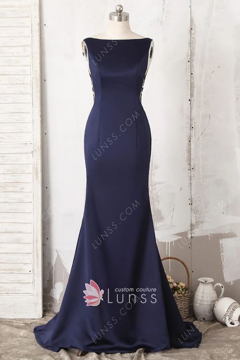 Simple and elegant, this navy blue evening formal dress is made of silky satin and lace fabric, features a simple bodice with boat neckline and illusion low back with zipper back closure, and fit & flare bottom with a short train. Navy Evening Dresses, Navy Blue Gown, Wedding Guest Gowns, A Line Bridal Gowns, Long Formal Gowns, Mother Of The Bride Gown, Simple Prom Dress, Satin Evening Dresses, Long Evening Dress