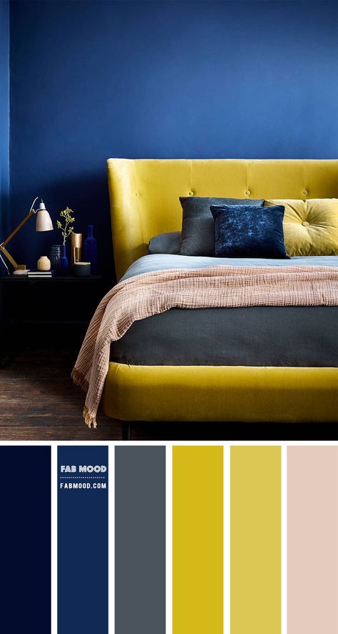 5. Navy Blue and Yellow Colour Scheme Hey lovely people! Hope you all had a wonderful Christmas, and wishing you all a great new... Navy Blue And Yellow Bedroom, Blue And Yellow Bedroom, Blue Yellow Bedrooms, Mustard Bedroom, Yellow Bedroom Decor, Navy Blue And Yellow, Bedroom Colour, Wedding Color Palettes, Bedroom Color Combination