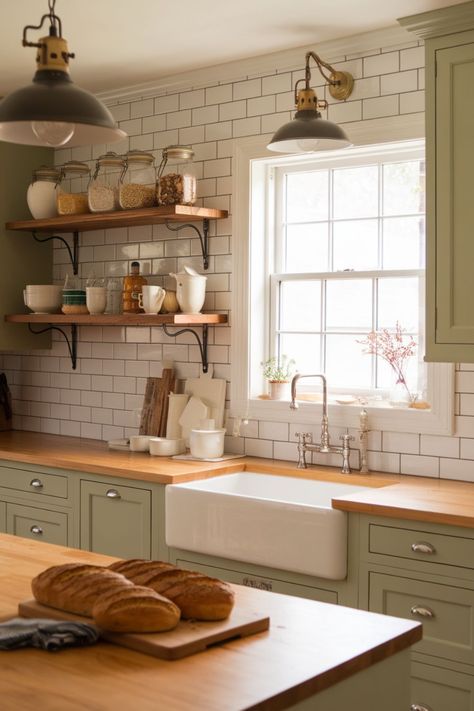 27 Kitchens With Sage Green Cabinets: Fresh Ideas for Every Style Green Cabinets White Walls, Small Kitchen Sage Green, Sage Green Kitchen Wooden Worktop, Kitchen Ideas With Green Cabinets, Green And Light Wood Kitchen, Sage Green Wall Kitchen, Green Pantry Cabinets, Green Galley Kitchen, Sage Kitchen Walls