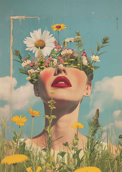 Floral Surrealism, Flower Portrait Painting, Store Moodboard, Perspective Reference, Woman Lips, Head Full Of Dreams, Flower Portrait, Vintage Collage Art, Photography Sketchbook