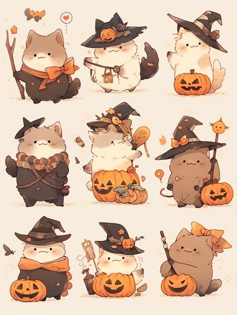 Pumpkin Character Design, Halloween Cat Drawing, Halloween Character Design, Busy Drawing, Chibi Halloween, Idea To Paint, Cat Pumpkin Design, Bear Sketch, Stuffed Pumpkin