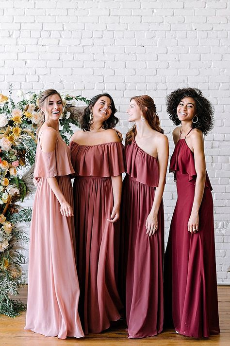 Revelry’s New, Sedona-Inspired Bridesmaid Dress Collection - A Boho Bride’s Dream Come True Ombre Bridesmaid Dresses, Chiffon Styles, Different Bridesmaid Dresses, Wedding Guest Gowns, Bridesmaid Dresses Long Chiffon, Bridesmaid Dress Collection, Bridesmaid Dresses Boho, Bridesmaid Colors, Boho Bridesmaid