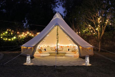 Glamping Experiences at home — WonderTent Parties Bell Tent Interior, 5m Bell Tent, Girls Sleepover Party, Glamping Birthday, Teepee Party, Sleepover Birthday Parties, Planter Garden, Girl Sleepover, Backyard Camping