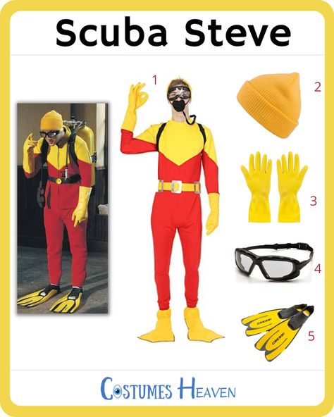 Scuba Steve Costume, Steve Costume, Scuba Steve, Adam Sandler Movies, Swimming Fins, Yellow Gloves, Costume Guide, Yellow Beanie, Costume Diy