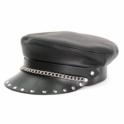 Want to look a little bit vintage?Our signature Genuine Leather Flat Top Biker Cap With Rivets features a motorcycle hat made of 100% genuine leather. Classic flat top biker cap in soft black leather with chain detail and thick and sturdy rivet-studded leather brim--very Hell Bent for Leather! Color: BlackDesign: Back Adjustable StrapSize: One Size Fits Most Details: Genuine Top Grain Cowhide Leather Stud w/ Chains and Rivets Adjustable with Buckle at Back of Band Flat Top Brando Look Wear this Gentleman Hat, Hell Bent, Rock Girl, Leather Hats, Biker Leather, Winter Girls, Leather Cap, Biker Style, Studded Leather