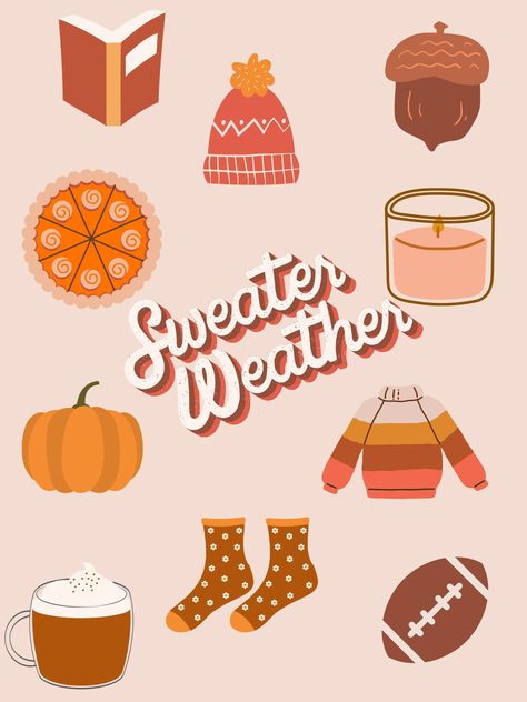 Sweater weather avg, fall graphics, neutrals, boho, pie, leaves, sweater, cozy, digital download, wallpaper Sweater Weather Drawing, Sweater Weather Wallpaper, Fall Screensaver, Sweater Weather Aesthetic, Spooky Wallpapers, Autumn Pics, Weather Wallpaper, Fall Sayings, Fall Stickers