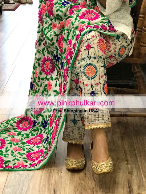 Shop Online in USA Phulkari Dupatta and Pants only at www.PinkPhulkari.com Patiala Suit With Phulkari Dupatta, Phulkari Suit Modern, Fulkari Suits Punjabi, Fulkari Dupatta Suit, Phulkari Dupatta Suits Modern, Punjabi Phulkari Suits, Phulkari Suit Designs, Phulkari Dupatta Suits, Phulkari Punjabi Suits