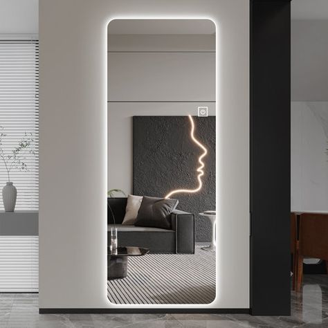 Ivy Bronx Rectangle LED Wall Mirror | Wayfair Big Mirror In Bedroom, Led Wall Mirror, Mirror Full Length, Interior Design Principles, Floor Length Mirror, Full Mirror, Entry Ideas, Leaning Mirror, Big Mirror