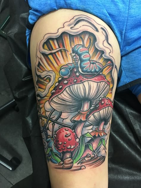 Trippy Alice In Wonderland Tattoo, Alice In Wonderland Mushroom Tattoo, Alice In Wonderland Caterpillar Tattoo, Dark Alice In Wonderland Tattoo Ideas, Alice In Wonderland Tattoo Sleeve, Caterpillar Tattoo, Watercolor Tattoo Sleeve, Mushroom Nails, Colorful Sleeve Tattoos