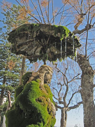 mossy fountain in Amalfi Moss Umbrella, Amalfi Italy, The Amalfi Coast, Amalfi Coast, Amalfi, Garden Ideas, Umbrella, Lion Sculpture, Yard