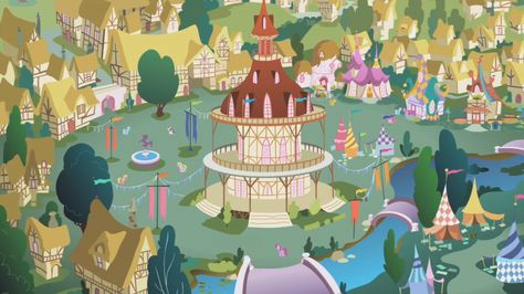 Ponyville is a town in Equestria, the main setting of the series My Little Pony Friendship is Magic, and home to the leading characters. Ponyville is first featured in the first episode and is the setting for most of the episodes. Friendship is Magic is the first episode to show that Ponyville is bordered by the Everfree Forest. In Dragonshy, a mountain is within walking distance of the town. Mlp Minecraft, Mlp Backgrounds, Places Background, My Little Pony Background, Mlp Background, Imaginary Places, Mlp Au, Fantasy Village, Mlp Bases