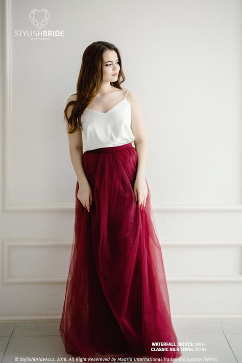 Wine Bridesmaids Dress with Silk Classic Cami Top and Tulle Skirt, Wine Long Floor Length Waterfall Tulle Skirt, Engagement dress 100% real photos! We offer such discounts on bulk orders: 15 % more then 500$ - coupon 15BULK 20 % more then 1000$ - coupon 20BULK ?!HOW TO ORDER?! All Tulle Skirt Bridesmaid, Wine Bridesmaid Dresses, Bridesmaid Separates, Waterfall Skirt, Wine Dress, Burgundy Skirt, Engagement Dress, Tulle Bridesmaid Dress, Bride Accessories