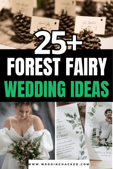 25+ Forest Fairy Wedding Ideas: Invitations, Dress, Veil, Decor, Ceremony Ideas For A Magical Forest Theme Wedding! Woodland Forest Wedding Theme, Fairy Wedding Ideas, Forest Theme Wedding Invitations, Fairy Core Wedding, Forest Fairy Wedding, Fairy Wedding Theme, Wedding Ideas Invitations, Forest Wedding Decorations, Cottage Core Wedding