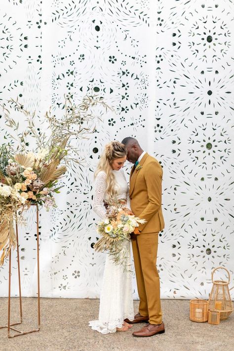 Our modern wedding dreams have come true with this gorgeous styled shoot in Philadelphia. Featuring a massive papel picado backdrop, this modern summer wedding is our new obsession. Can you blame us? Greenhouse Entrance, Modern Summer Wedding, Brides Gown, Boho Cactus, Tall Height, Boda Mexicana, Boho Wedding Inspiration, Paper Backdrop, Groom Looks