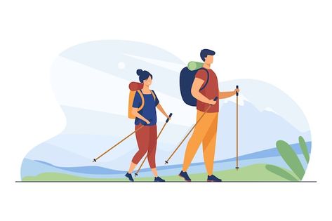 Hiking Couple, Frida Kahlo Paintings, Walking Outdoors, Kahlo Paintings, Big Backpacks, Vector Character Design, Flat Vector Illustration, 99 Design, Couple Illustration