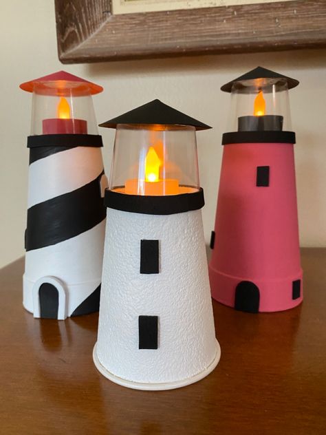 Diy Mini Lighthouse, Foam Cup Crafts, Lighthouse Crafts For Kids, Diy Lighthouse Crafts, Breaker Rock Beach Vbs 2024 Crafts, Diy Light House, Make A Lighthouse, Lighthouse Craft, Vbs 2024 Breaker Rock Beach