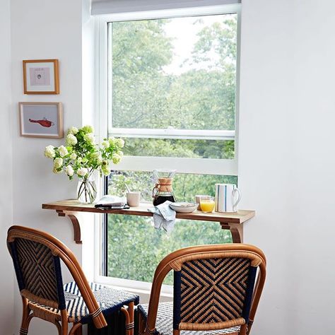 Enjoying our morning coffee with a view! ☕️ By simply hanging a shelf across a window, you can give purpose to an unexpected area and, best of all, take in a view. (Photo by @kate_mathis Small Basement Remodeling, Room Improvement, Window Bars, Martha Stewart Living, Bar Seating, Living Room Remodel, Tiny Kitchen, Room Remodeling, Remodel Bedroom