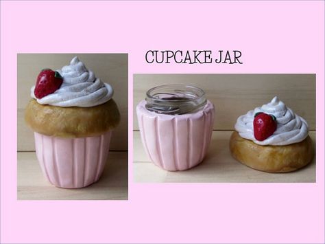 Clay Stash Jar, Kawaii Cake, Cupcake In A Jar, Strawberry Cupcake, Fake Food Props, Stash Jar, Clay Jar, Diy Air Dry Clay, Baby Food Jars