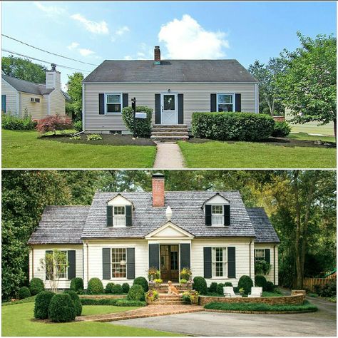 Obviously 2 different houses but whatever House Exterior Ranch, Cape Cod House Exterior, Ranch Renovation, Ranch House Remodel, Exterior House Renovation, Ranch Ideas, Ranch House Exterior, House Makeovers, House Before And After