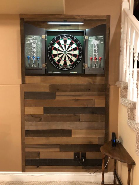 Dart Board Cabinet Wall Ideas, Dart Board Cupboard, Dart Board Wall Ideas, Flex Room Ideas, Finished Basement Designs, Dart Board Wall, Basement Designs, Basement Games, Dart Board Cabinet