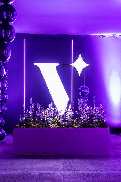 #neon #party #forest #guests #flowers #purple #elegant #glass #birthdayparty Neon Lights Party, Corporate Anniversary, Dreamy Forest, Dear Klairs, Event Booth, Christophe Robin, Wedding Stage Design, Light Up Letters, Purple Party