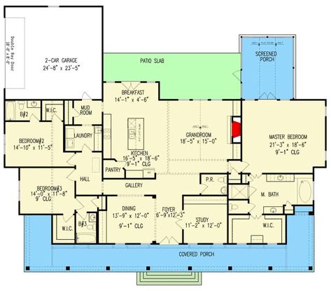 Main level floor plan of a single-story 3-bedroom modern farmhouse with foyer, grand room, formal dining room, kitchen, breakfast nook, mudroom leading to the garage, screened porch, and a wraparound front porch. Single Story Farmhouse, Porch Floor Plan, Single Level House Plans, Single Level Floor Plans, One Level House Plans, Open Patio, Grand Room, 3 Bedroom Floor Plan, Roof Construction