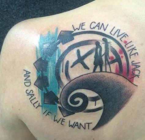 Blink 182 Jack And Sally Tattoo, Nightmare Before Christmas Tattoo Couple, The Nightmare Before Christmas Tattoo, Blink 182 Tattoo, Sally Tattoo, Tattoos 2022, Tattoo Nightmares, Jack Skellington Tattoo, Tat Inspiration