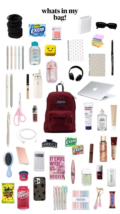 #school #backpack #backpackessentials #books #essentials #beauty Backpack With Pins, Cute Backpacks For School, School Backpack Essentials, What's In My Bag, School Bag Essentials, Backpack Essentials, Aesthetic Backpack, Inside My Bag, In My Bag