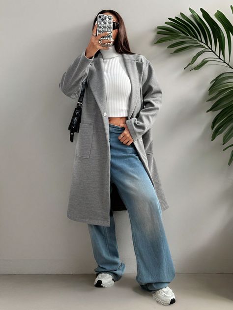 Gray Knee-Length Lapel Knitted Coat For Women, New Autumn/Winter Grey Casual  Long Sleeve Woven Fabric Plain Regular Non-Stretch  Women Clothing, size features are:Bust: ,Length: ,Sleeve Length: Grey Outfits For Women, Long Grey Coat, Gray Wool Coat, Knee Length Coat, Women Overcoat, Grey Outfit, Grey Coat, Knitted Coat, Women Pants Casual