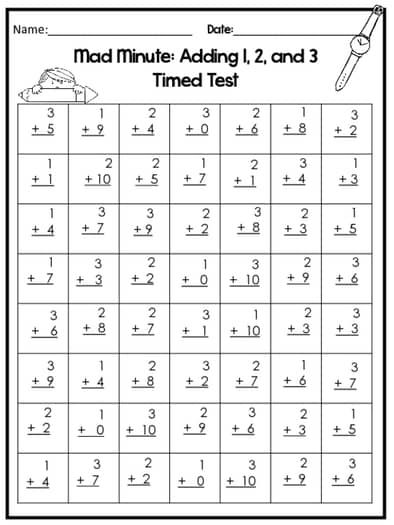 Printable Mad Minute Addition Timed Tests- 6 pages. Kindergarten-1st Grade Math. 1st Grade Activities Printables, Addition To 20 Activities, First Grade Worksheets Math, 1st Grade Homeschool Activities, 1st Grade Math Worksheets Free Printable, Math For 1st Grade, 1st Grade Morning Work, Math First Grade, Math 3rd Grade