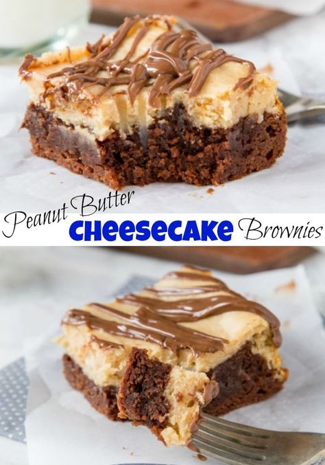 Peanut Butter Cheesecake Brownies - rich and fudgy brownies with a layer of creamy peanut butter cheesecake and topped with even more chocolate!  A dessert lovers dream! Brownie Peanut Butter Cheesecake, Peanut Butter Brownie Cake, Peanut Butter Cream Cheese Brownies, Peanut Butter Cheesecake Brownies, Peanut Butter Cheesecake Recipes, Baked Dessert, Chocolate Cheesecake Recipes, Brownie Desserts, Peanut Butter Cheesecake